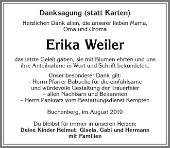 Traueranzeige von Erika Weiler von Allgäuer Zeitung,Kempten
