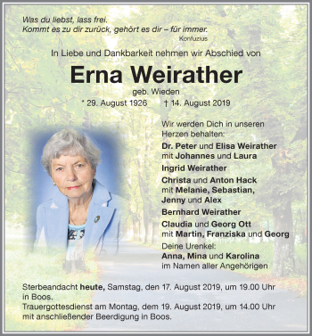 Traueranzeige von Erna Weirather von Allgäuer Zeitung