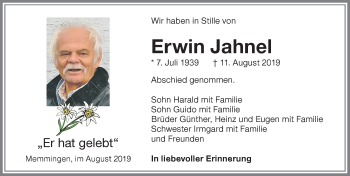 Traueranzeige von Erwin Jahnel von Memminger Zeitung