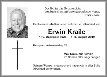 Traueranzeige von Erwin Kraile von Allgäuer Zeitung,Kempten