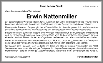 Traueranzeige von Erwin Nattenmiller von Memminger Zeitung