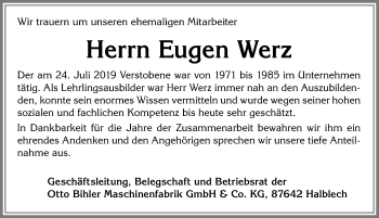 Traueranzeige von Eugen Werz von Allgäuer Zeitung, Füssen