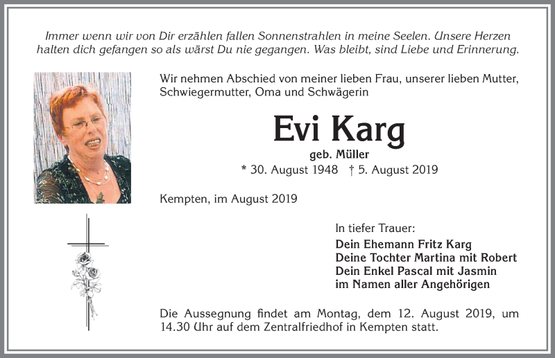  Traueranzeige für Evi Karg vom 09.08.2019 aus Allgäuer Zeitung,Kempten