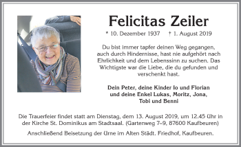Traueranzeige von Felicitas Zeiler von Allgäuer Zeitung, Kaufbeuren/Buchloe