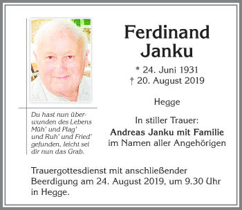 Traueranzeige von Ferdinand Janku von Allgäuer Zeitung,Kempten