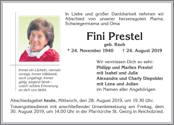 Traueranzeige von Fini Prestel von Allgäuer Zeitung,Kempten