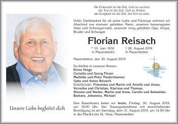 Traueranzeige von Florian Reisach von Allgäuer Zeitung, Kaufbeuren/Buchloe