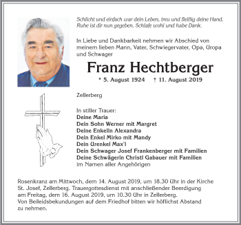 Traueranzeige von Franz Hechtberger von Allgäuer Zeitung, Kaufbeuren/Buchloe