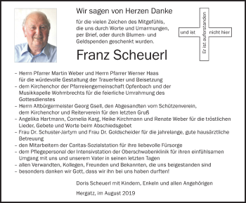 Traueranzeige von Franz Scheuerl von Der Westallgäuer