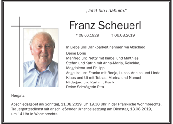 Traueranzeige von Franz Scheuerl von Der Westallgäuer