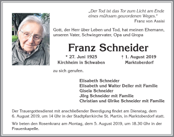 Traueranzeige von Franz Schneider von Allgäuer Zeitung, Marktoberdorf