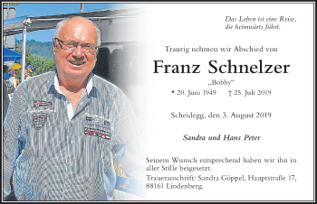 Traueranzeige von Franz Schnelzer von Der Westallgäuer