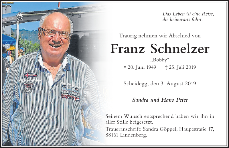  Traueranzeige für Franz Schnelzer vom 03.08.2019 aus Der Westallgäuer