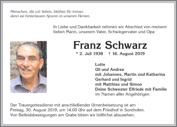 Traueranzeige von Franz Schwarz von Allgäuer Anzeigeblatt