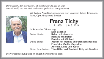 Traueranzeige von Franz Tichy von Allgäuer Zeitung, Kaufbeuren/Buchloe