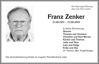 Traueranzeige von Franz Zenker von Allgäuer Anzeigeblatt