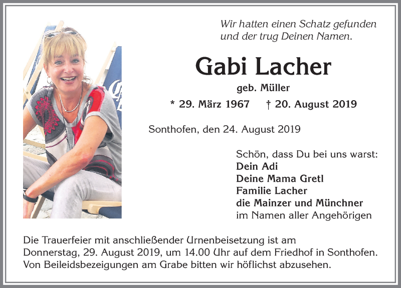  Traueranzeige für Gabi Lacher vom 24.08.2019 aus Allgäuer Anzeigeblatt