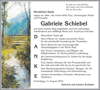 Traueranzeige von Gabriele Schiebel von Allgäuer Anzeigeblatt