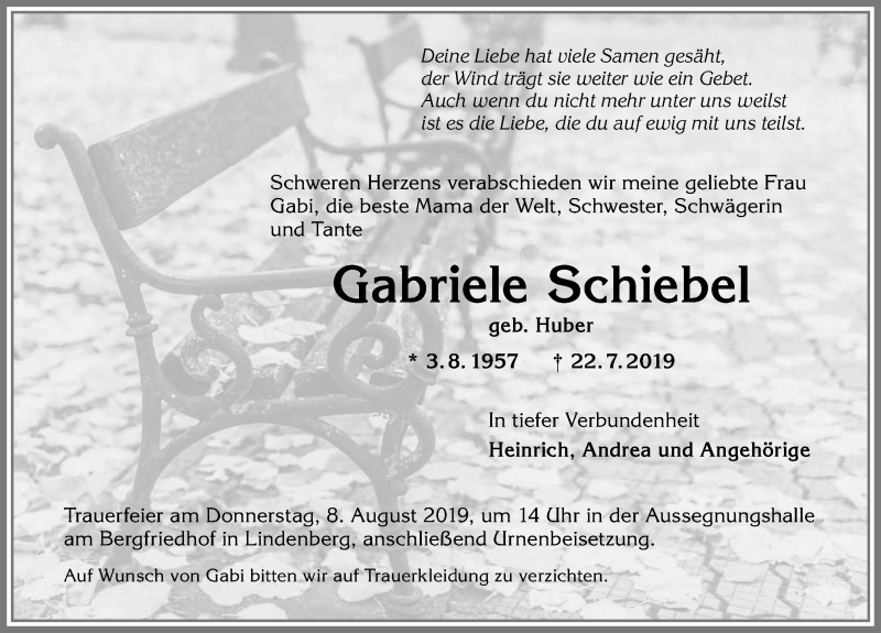  Traueranzeige für Gabriele Schiebel vom 03.08.2019 aus Allgäuer Anzeigeblatt