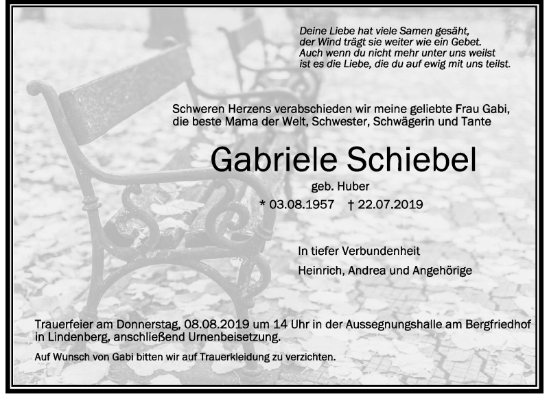 Traueranzeige für Gabriele Schiebel vom 03.08.2019 aus Der Westallgäuer