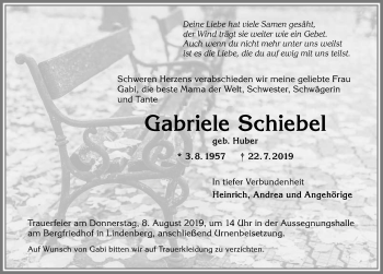 Traueranzeige von Gabriele Schiebel von Allgäuer Anzeigeblatt