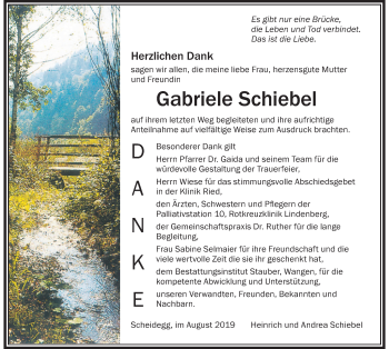 Traueranzeige von Gabriele Schiebel von Der Westallgäuer