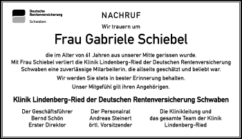 Traueranzeige von Gabriele Schiebel von Der Westallgäuer