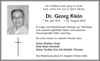 Traueranzeige von Georg Klein von Allgäuer Zeitung,Kempten