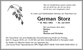 Traueranzeige von German Storz von Allgäuer Zeitung,Kempten
