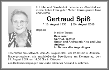 Traueranzeige von Gertraud Spiß von Allgäuer Zeitung,Kempten
