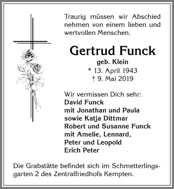 Traueranzeige von Gertrud Funck von Allgäuer Zeitung,Kempten