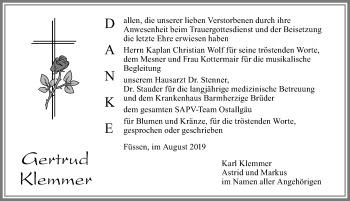 Traueranzeige von Gertrud Klemmer von Allgäuer Zeitung, Füssen