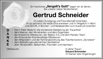 Traueranzeige von Gertrud Schneider von Memminger Zeitung