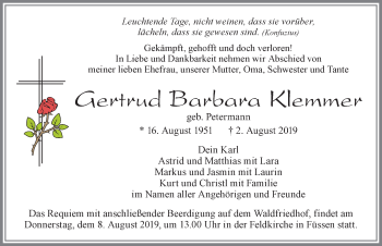 Traueranzeige von Gertrud Barbara Klemmer von Allgäuer Zeitung, Füssen