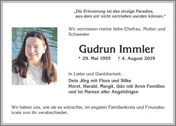 Traueranzeige von Gudrun Immler von Allgäuer Zeitung, Füssen