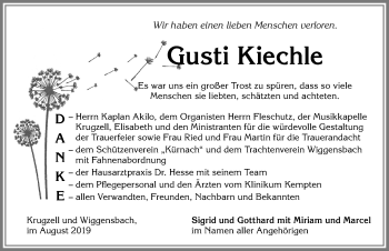 Traueranzeige von Gusti Kiechle von Allgäuer Zeitung,Kempten