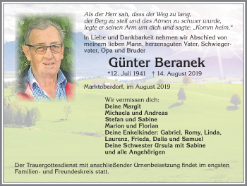 Traueranzeige von Günter Beranek von Allgäuer Zeitung, Marktoberdorf
