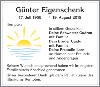 Traueranzeige von Günter Eigenschenk von Allgäuer Zeitung,Kempten
