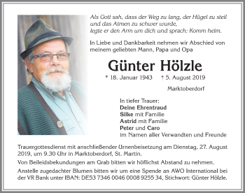 Traueranzeige von Günter Hölzle von Allgäuer Zeitung, Marktoberdorf