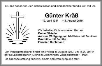 Traueranzeige von Günter Kräß von Memminger Zeitung