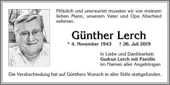 Traueranzeige von Günther Lerch von Allgäuer Zeitung, Kaufbeuren/Buchloe