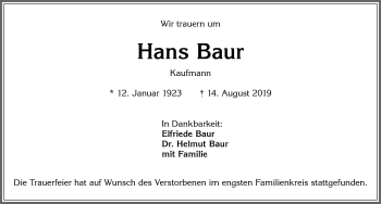 Traueranzeige von Hans Baur von Allgäuer Zeitung, Kaufbeuren/Buchloe