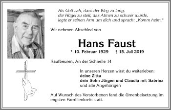 Traueranzeige von Hans Faust von Allgäuer Zeitung, Kaufbeuren/Buchloe