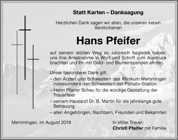 Traueranzeige von Hans Pfeifer von Memminger Zeitung