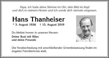 Traueranzeige von Hans Thanheiser von Allgäuer Zeitung, Kaufbeuren/Buchloe