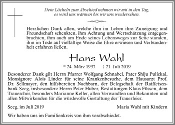 Traueranzeige von Hans Wahl von Allgäuer Zeitung, Füssen