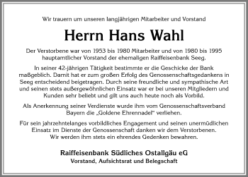 Traueranzeige von Hans Wahl von Allgäuer Zeitung, Füssen