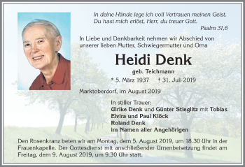 Traueranzeige von Heidi Denk von Allgäuer Zeitung, Marktoberdorf