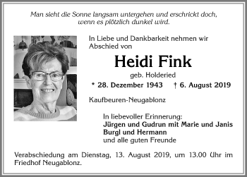 Traueranzeige von Heidi Fink von Allgäuer Zeitung, Kaufbeuren/Buchloe