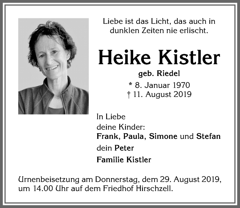  Traueranzeige für Heike Kistler vom 24.08.2019 aus Allgäuer Zeitung